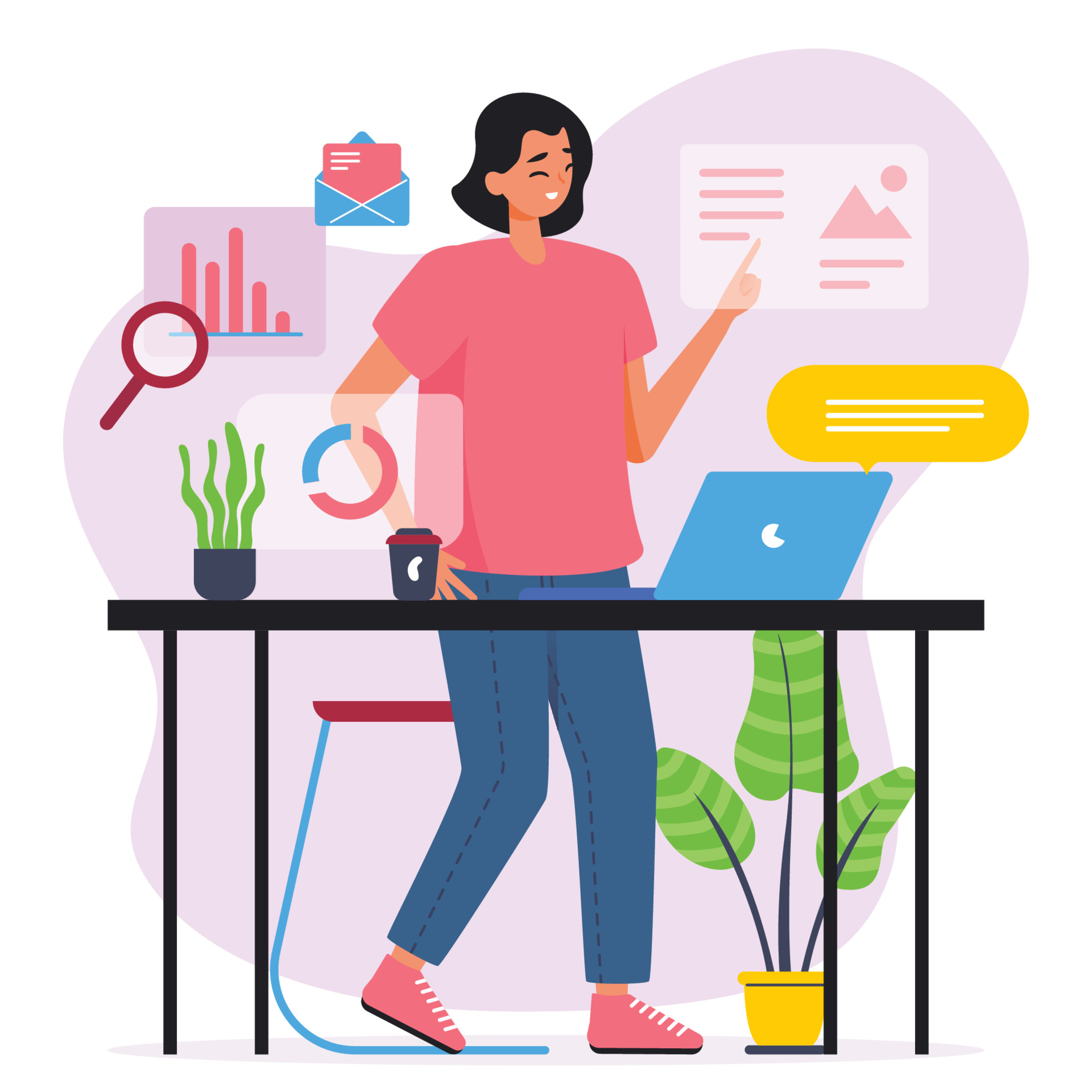 An illustration of a lady standing at a computer desk.